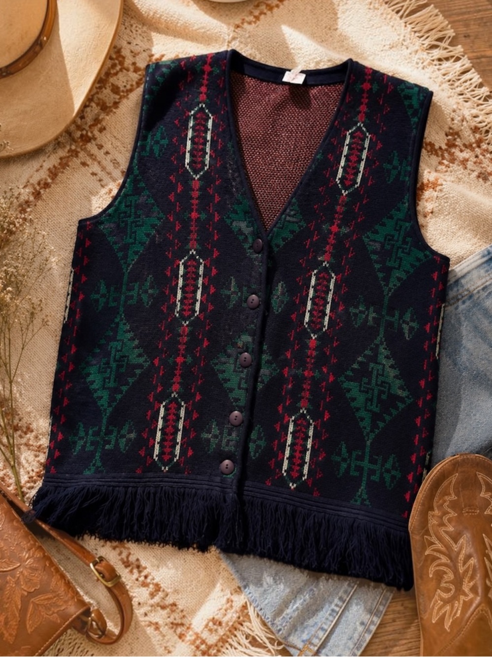 Vintage Boho Fringe Sweater Vest Southwestern Medium Slouchy Oversized Fit